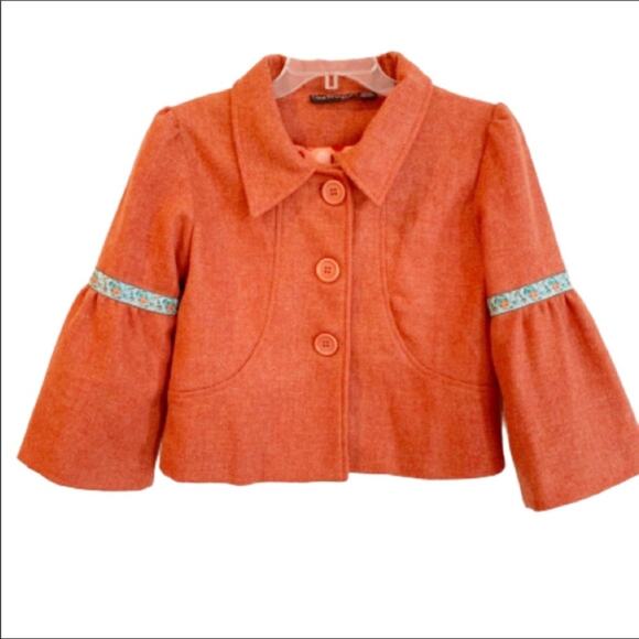 Liza Byrd Jacket Wool Tangerine Orange Blue Trim Bell Sleeve Button Front Jacket - Picture 1 of 9